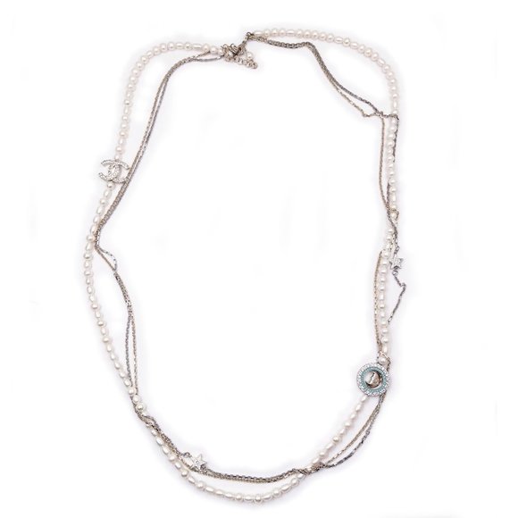 Chanel Gold CC Crystal Blue Moon Star Peal Multi Chain Long Necklace - Picture 1 of 5